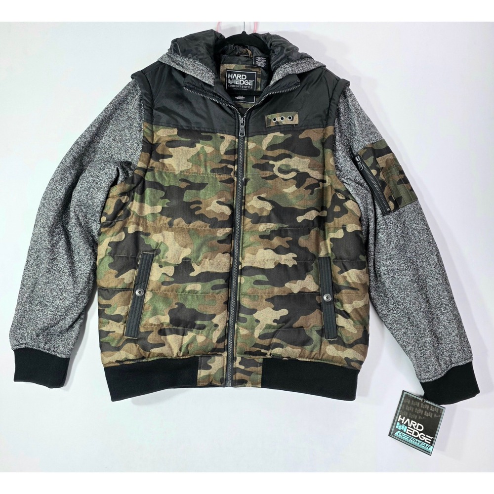 Hard Edge Mens Camo Quilted Hooded Jacket XL Gray Knit Sleeve NEW
